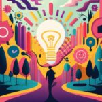 Innovative Storytelling Journey - Open book, lightbulb, and people walking along a winding path symbolize innovation through storytelling.