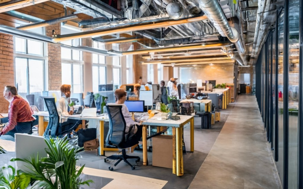 Image of employees in a vibrant office, working together on innovative projects. Text overlay reads, 'Innovation Driving Success.