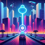 A futuristic cityscape at night with vibrant skyscrapers illuminated by neon lights, autonomous vehicles on the roads, and drones in the sky. A glowing key at the center symbolizes 'Key Innovation Areas' as the catalyst for success in various innovation domains.