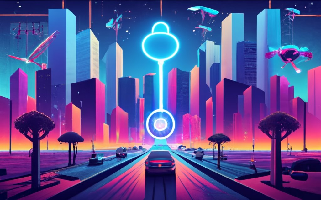 A futuristic cityscape at night with vibrant skyscrapers illuminated by neon lights, autonomous vehicles on the roads, and drones in the sky. A glowing key at the center symbolizes 'Key Innovation Areas' as the catalyst for success in various innovation domains.