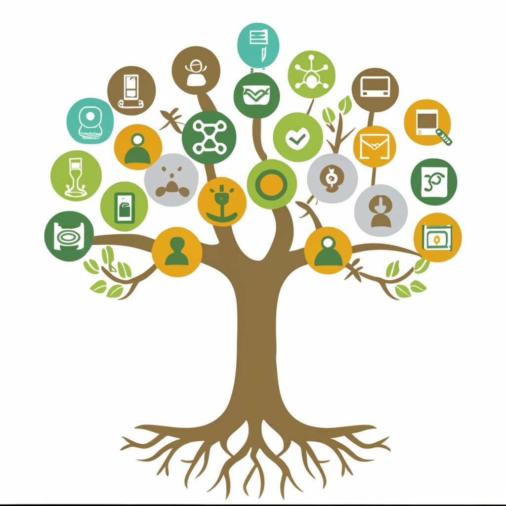 "Innovation Tree: A visual metaphor depicting the growth of a product, with roots representing foundations, a trunk for development, and branches showcasing innovative features with various icons."