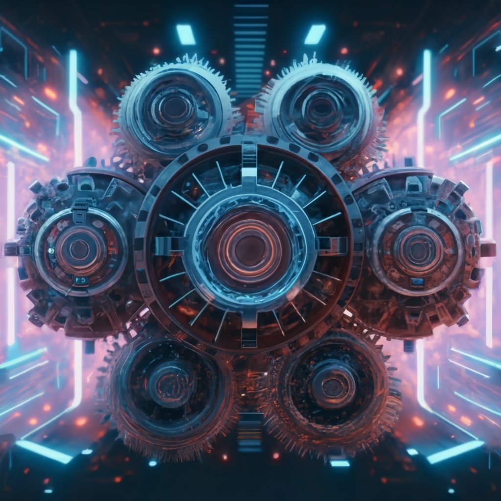 Digital art featuring interconnected gears, symbolizing the collaborative complexity of the innovation process. Pixelated nodes represent key elements, contributing to the seamless harmony of progress.