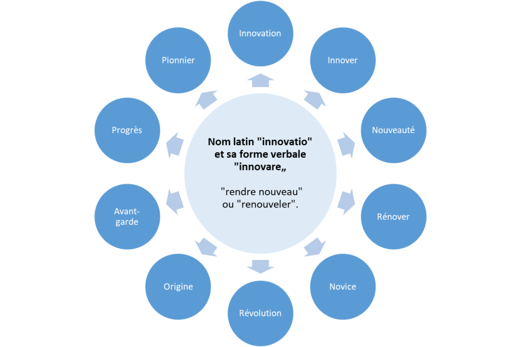 Schema représentant l´étymologie d´innovation et ses mots dérivées.

Nom latin "innovatio" et sa forme verbale "innovare„

 "rendre nouveau" 
ou "renouveler".
	Innovation
	Innover
	Nouveauté
	Rénover
	Novice
	Révolution
	Origine
	Avant-garde
	Progrès
	Pionnier
