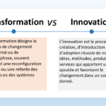 Différence entre transformation et innovation L'image illustre la différence entre la transformation et l'innovation. Transformation La transformation désigne un changement fondamental ou une métamorphose, souvent entraînant une reconfiguration complète ou une refonte des structures ou des systèmes existants. Il s'agit d'un processus à grande échelle qui vise à modifier l'ensemble d'une organisation ou d'un système. Exemples de transformation Le passage d'une entreprise manufacturière à une entreprise numérique La mise en œuvre d'un nouveau système ERP La fusion de deux entreprises La restructuration d'un gouvernement Innovation L'innovation est le processus de création, d'introduction et d'adoption réussie de nouvelles idées, méthodes, produits ou services qui apportent une valeur ajoutée et favorisent le changement dans un contexte donné. Il s'agit d'un processus plus ciblé qui se concentre sur la création de nouvelles choses ou l'amélioration des choses existantes. Exemples d'innovation Le développement d'un nouveau médicament La création d'une nouvelle application mobile L'adoption d'une nouvelle méthode de production La mise en place d'un nouveau processus commercial En résumé La transformation est un changement fondamental qui touche l'ensemble d'une organisation ou d'un système, tandis que l'innovation est la création de nouvelles choses ou l'amélioration des choses existantes. La transformation peut être le résultat de l'innovation, mais elle n'en est pas nécessairement la cause. Voici quelques autres points clés à retenir La transformation est souvent un processus plus long et plus complexe que l'innovation. La transformation peut être plus risquée que l'innovation, car elle implique un changement plus important. La transformation et l'innovation sont toutes deux importantes pour la réussite des entreprises et des organisations. J'espère que cette explica