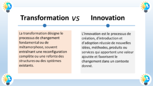 Différence entre transformation et innovation L'image illustre la différence entre la transformation et l'innovation. Transformation La transformation désigne un changement fondamental ou une métamorphose, souvent entraînant une reconfiguration complète ou une refonte des structures ou des systèmes existants. Il s'agit d'un processus à grande échelle qui vise à modifier l'ensemble d'une organisation ou d'un système. Exemples de transformation Le passage d'une entreprise manufacturière à une entreprise numérique La mise en œuvre d'un nouveau système ERP La fusion de deux entreprises La restructuration d'un gouvernement Innovation L'innovation est le processus de création, d'introduction et d'adoption réussie de nouvelles idées, méthodes, produits ou services qui apportent une valeur ajoutée et favorisent le changement dans un contexte donné. Il s'agit d'un processus plus ciblé qui se concentre sur la création de nouvelles choses ou l'amélioration des choses existantes. Exemples d'innovation Le développement d'un nouveau médicament La création d'une nouvelle application mobile L'adoption d'une nouvelle méthode de production La mise en place d'un nouveau processus commercial En résumé La transformation est un changement fondamental qui touche l'ensemble d'une organisation ou d'un système, tandis que l'innovation est la création de nouvelles choses ou l'amélioration des choses existantes. La transformation peut être le résultat de l'innovation, mais elle n'en est pas nécessairement la cause. Voici quelques autres points clés à retenir La transformation est souvent un processus plus long et plus complexe que l'innovation. La transformation peut être plus risquée que l'innovation, car elle implique un changement plus important. La transformation et l'innovation sont toutes deux importantes pour la réussite des entreprises et des organisations. J'espère que cette explica