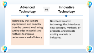 The image is a comparison of advanced technology vs. innovative technology. Advanced technology is defined as technology that is more sophisticated and complex than the current level, using cutting-edge materials and methods to improve performance and efficiency. An example of advanced technology could be a new type of smartphone with a more powerful processor, a better camera, and a longer battery life. Innovative technology is defined as novel and creative technology that introduces new concepts, methods, or products, and disrupts existing markets or industries. An example of innovative technology could be the invention of the personal computer, which disrupted the typewriter industry. The image does not depict a specific technology, but rather it presents a general definition of the two terms.