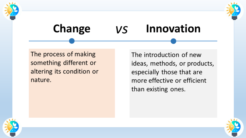 The image correctly defines the difference between change and innovation:

Change is simply the act of making something different. It can be a small adjustment or a complete overhaul. Change can be reactive, in response to internal or external pressures.

Innovation, on the other hand, is the introduction of new ideas, methods, or products. Innovation is intentional and proactive. It’s about creating new value or finding better ways to do things.

Here’s an analogy to illustrate the difference: Imagine you’re baking cookies. Changing the recipe slightly (adding more chocolate chips, for example) would be considered a change. But inventing a whole new recipe for cupcakes would be innovation.

Change and innovation are both important for progress. Change helps us adapt to new circumstances, while innovation helps us create new opportunities.