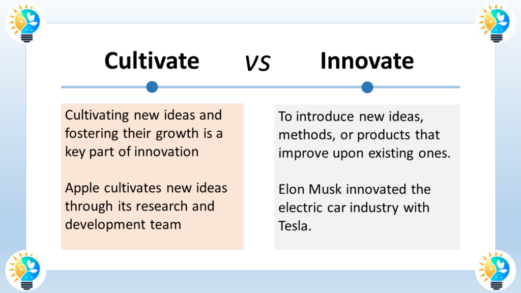 the image is titled "Cultivate VS Innovate". It compares and contrasts cultivating new ideas and fostering their growth with innovation.

Cultivate is defined in the image as "Cultivating new ideas and fostering their growth is a key part of innovation". This involves nurturing and developing new ideas until they become something useful or successful.

Innovate is defined as "To introduce new ideas, methods, or products that improve upon existing ones". Innovation is the process of creating something new that has value.

The image also includes an example of how Apple cultivates new ideas through its research and development team. This team is responsible for coming up with new ideas for Apple products and services.

Here are some key takeaways from the image:

Cultivation is an important part of innovation.
Innovation requires both creativity and hard work.
New ideas are not enough. They need to be developed and implemented in order to be successful.