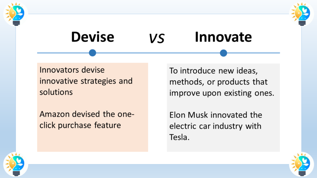 The image is titled "Devise VS Innovate". It compares and contrasts the concepts of devising and innovating.

The text says:

Devise: Innovators devise innovative strategies and solutions.
Innovate: To introduce new ideas, methods, or products that improve upon existing ones.
The image includes two examples:

Amazon devised the one-click purchase feature.
Elon Musk innovated the electric car industry with Tesla.