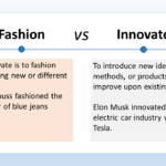 The image is titled “Fashion VS Innovate”. It compares and contrasts the concepts of fashioning something and innovating. The text says: Fashion: To fashion something new or different. Innovate: To introduce new ideas, methods, or products that improve upon existing ones.