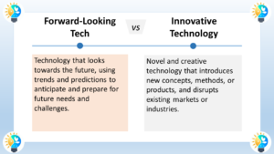 The image is a comparison of forward-looking technology and innovative technology. Forward-looking technology refers to technology that anticipates and prepares for future needs and challenges. It uses trends and predictions to inform its development. An example of forward-looking technology could be self-driving cars, which are being developed in anticipation of a future where there are too many cars on the road for humans to drive safely. Innovative technology, according to the image, introduces new concepts, methods, or products. It can disrupt existing markets or industries. An example of innovative technology is the invention of the smartphone, which disrupted the cell phone industry. The key difference between forward-looking technology and innovative technology is that forward-looking technology is focused on the future, while innovative technology can be applied to the present or the future.