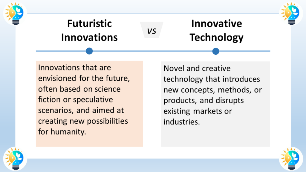 The image depicts a comparison between futuristic innovations and innovative technology.

Futuristic innovations  are those envisioned for the future, often based on science fiction or speculative scenarios. They aim to create new possibilities for humanity and tend to be far-out ideas that may not be achievable with current technology. An example of a futuristic innovation could be interstellar travel, which would allow humans to travel to other star systems.

Innovative technology, according to the image,  introduces new ideas, methods, or products. It can disrupt existing markets or industries. An example of innovative technology is the invention of the personal computer, which disrupted the typewriter industry.

The key difference between futuristic innovations and innovative technology is that futuristic innovations are still theoretical, while innovative technology is based on real-world advancements and has the potential to be implemented in the near future.