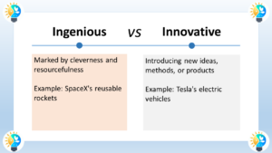 The image is a chart that contrasts ingenious and innovative approaches. Ingenious refers to cleverness, especially in the way problems are solved or tasks are accomplished. It often involves using limited resources in a creative way to achieve a desired outcome. The image lists using a teapot to fix a car radiator leak as an example of ingenuity. Innovative describes the introduction of new ideas, methods, or products. Innovation is about being creative and coming up with new ways of doing things. The image lists SpaceX's reusable rockets as an example of innovation. While rockets aren't new, SpaceX's design allows them to be reused, which reduces costs and makes space travel more accessible. In essence, ingenious solutions are clever and make use of what’s on hand, while innovative solutions are new altogether. Gemini may display inaccurate info, including about people, so double-check its responses. Your privacy and Gemini