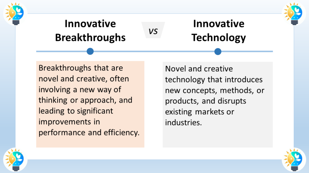 The image is titled  “Innovative Breakthroughs vs Innovative Technology”. The text describes innovative breakthroughs as novel and creative technology that introduces new concepts, methods, or products, and disrupts existing markets or industries.

Here are some real-world examples of innovative breakthroughs:

The personal computer: The personal computer, or PC, was a breakthrough innovation that made computing power accessible to individuals and businesses for the first time. PCs disrupted the mainframe computer market, which was dominated by large, expensive computers that were only accessible to a select few.
The smartphone: The smartphone is another breakthrough innovation that has had a profound impact on our lives. Smartphones combine the capabilities of a phone, a computer, and a camera into a single device. They have disrupted a wide range of industries, including the telecommunications, consumer electronics, and media industries.
The internet: The internet is a breakthrough innovation that has revolutionized communication and information sharing. It has made it possible for people from all over the world to connect with each other and access information instantly. The internet has disrupted a wide range of industries, including the retail, media, and entertainment industries.
These are just a few examples of innovative breakthroughs that have changed the world. Breakthrough innovations continue to be developed at a rapid pace, and they are likely to continue to have a profound impact on our lives in the years to come.