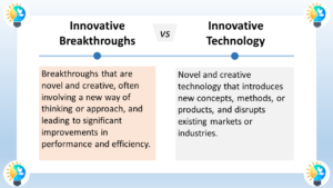 The image is titled “Innovative Breakthroughs vs Innovative Technology”. The text describes innovative breakthroughs as novel and creative technology that introduces new concepts, methods, or products, and disrupts existing markets or industries. Here are some real-world examples of innovative breakthroughs: The personal computer: The personal computer, or PC, was a breakthrough innovation that made computing power accessible to individuals and businesses for the first time. PCs disrupted the mainframe computer market, which was dominated by large, expensive computers that were only accessible to a select few. The smartphone: The smartphone is another breakthrough innovation that has had a profound impact on our lives. Smartphones combine the capabilities of a phone, a computer, and a camera into a single device. They have disrupted a wide range of industries, including the telecommunications, consumer electronics, and media industries. The internet: The internet is a breakthrough innovation that has revolutionized communication and information sharing. It has made it possible for people from all over the world to connect with each other and access information instantly. The internet has disrupted a wide range of industries, including the retail, media, and entertainment industries. These are just a few examples of innovative breakthroughs that have changed the world. Breakthrough innovations continue to be developed at a rapid pace, and they are likely to continue to have a profound impact on our lives in the years to come.