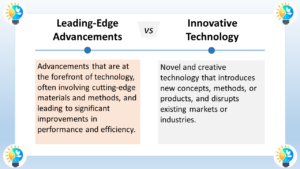 The image is titled "Leading-Edge Advancements VS Innovative Technology". Here's a breakdown of the two concepts: Leading-edge advancements Are at the forefront of technology, often involving cutting-edge materials and methods. Lead to significant improvements in performance and efficiency. Innovative technology Introduces new concepts, methods, or products. Disrupts existing markets or industries. Here's an analogy to understand the difference: Imagine being an explorer cutting a new path through a jungle (leading-edge advancements). You might use a machete (cutting-edge materials) to hack through dense foliage (representing the challenges of technological limitations). This path could lead to a hidden waterfall (representing a significant improvement). Now imagine another explorer who discovers a completely new way to navigate the jungle (innovative technology). They invent a hot air balloon (new concept) and fly over the jungle (disrupting the traditional way of navigating). This allows them to see the waterfall from above (representing a new way of seeing things). Both approaches are valuable. Leading-edge advancements make significant progress within the existing framework, while innovative technology creates entirely new possibilities.