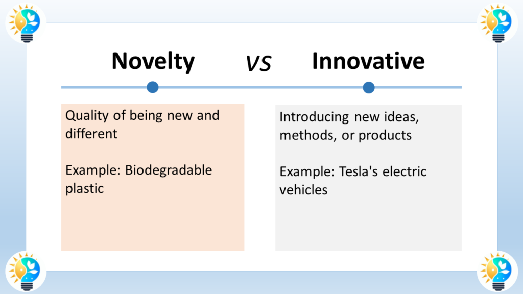 The image illustrates the difference between novelty and innovation.

Novelty refers to something new or unusual, but it doesn't necessarily have to be useful or improve upon anything. The image uses fidget spinners as an example of a novelty item. Fidget spinners were a popular toy in 2017, but they don't serve a major purpose beyond entertainment.

Innovation describes introducing new ideas, methods, or products that  have a use or improve upon something that already exists. Innovation can make something better, faster, or more efficient. The image uses the smartphone as an example of innovation. Smartphones combine many features that previously required separate devices, like cameras, calendars, and maps.

In essence, novelty is just something new, while innovation is something new that is also useful or valuable.