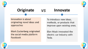 The image is titled "Originate VS Innovate". The image compares and contrasts the concepts of originating something entirely new and innovation. Originate is defined in the image as "Originating novel ideas and approaches". This refers to creating something entirely new that has not existed before. Innovate is defined as "To introduce new ideas, methods, or products that improve upon existing ones". Innovation can involve introducing something new, but it can also involve improving upon something that already exists. The image includes two examples: Mark Zuckerberg originated the social media platform Facebook. Facebook was a new idea that changed the way people connect with each other online. Elon Musk innovated the electric car industry with Tesla. Tesla did not invent the electric car, but they made significant improvements to the technology and design of electric cars.