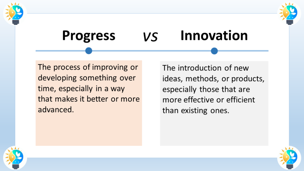 The image depicts the difference between progress and innovation.

Progress refers to the gradual improvement or advancement of something over time, especially in a way that makes it better or more advanced.

Innovation refers to the introduction of new ideas, methods, or products, especially those that are more effective or efficient than existing ones.

The image you sent uses a car as an example of progress. Early cars were slow, unreliable, and difficult to drive. Over time, cars have become faster, safer, and more efficient. This is an example of progress.

Self-driving cars, on the other hand, are an example of innovation. They are a completely new type of car that has the potential to revolutionize transportation.

In essence, progress is about making things better, while innovation is about creating something entirely new. Both progress and innovation are important for moving the world forward.