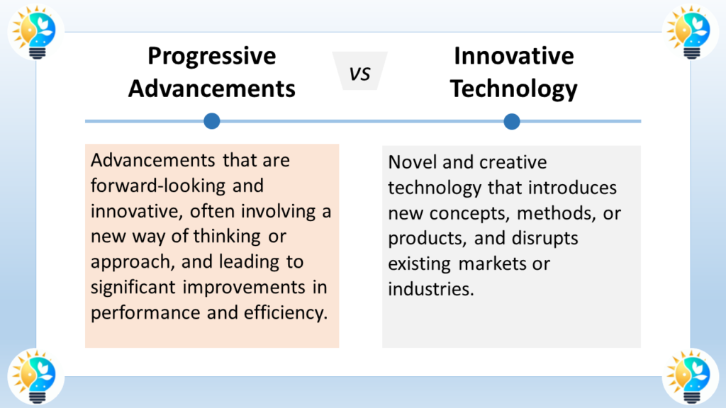 The image is titled "Progressive Advancements vs Innovative Technology". The text describes the difference between progressive advancements and innovative technology.

Progressive advancements are forward-looking and innovative, often involving a new way of thinking or approach. They lead to significant improvements in performance and efficiency.

Innovative technology  introduces new concepts, methods, or products, and disrupts existing markets or industries.