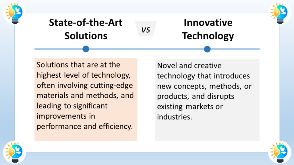 The image is titled "State-of-the-Art Solutions vs Innovative Technology". Here's a breakdown of the two concepts:

State-of-the-art solutions  represent the highest level of technology currently available. They are cutting-edge and often involve advanced materials and methods. State-of-the-art solutions aim to address current challenges, improve performance, and push the boundaries of what's possible.

Innovative technology  introduces entirely new concepts, methods, or products. It disrupts existing markets or industries by creating something fundamentally new.

Here's an analogy to understand the difference:

Imagine you're a chef looking to make the best possible meal.

State-of-the-art solutions would be like using the freshest ingredients, the latest cooking techniques, and the most advanced kitchen equipment. You're using the best tools currently available to create a delicious meal.

Innovative technology would be like inventing a completely new way of cooking, like molecular gastronomy or sous vide cooking. This would revolutionize the culinary world and allow for the creation of entirely new dishes and flavors.

In short, state-of-the-art solutions are about making the most of existing technologies, while innovative technology is about creating entirely new ones.