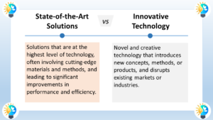 The image is titled "State-of-the-Art Solutions vs Innovative Technology". Here's a breakdown of the two concepts: State-of-the-art solutions represent the highest level of technology currently available. They are cutting-edge and often involve advanced materials and methods. State-of-the-art solutions aim to address current challenges, improve performance, and push the boundaries of what's possible. Innovative technology introduces entirely new concepts, methods, or products. It disrupts existing markets or industries by creating something fundamentally new. Here's an analogy to understand the difference: Imagine you're a chef looking to make the best possible meal. State-of-the-art solutions would be like using the freshest ingredients, the latest cooking techniques, and the most advanced kitchen equipment. You're using the best tools currently available to create a delicious meal. Innovative technology would be like inventing a completely new way of cooking, like molecular gastronomy or sous vide cooking. This would revolutionize the culinary world and allow for the creation of entirely new dishes and flavors. In short, state-of-the-art solutions are about making the most of existing technologies, while innovative technology is about creating entirely new ones.