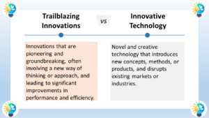 The image is titled "Trailblazing Innovations vs Innovative Technology". The text describes innovative breakthroughs as novel and creative technology that introduces new concepts, methods, or products, and disrupts existing markets or industries.