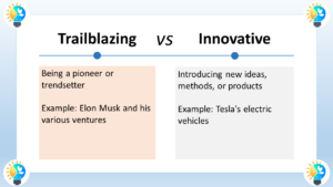 The image illustrates the difference between “trailblazing” and “innovative.” Trailblazing is about being a pioneer or trendsetter. It’s venturing into new territory and creating something new. The image uses Elon Musk as an example of a trailblazer, referencing his various ventures that have disrupted different industries. Innovative is about introducing new ideas, methods, or products. Innovation can be part of trailblazing, but it’s a broader concept. The image uses Tesla’s electric vehicles as an example of innovation. Electric vehicles existed before Tesla, but Tesla popularized them and made them a more viable option for consumers. In short, trailblazing is about creating something entirely new, while innovation is about introducing something new within an existing field.