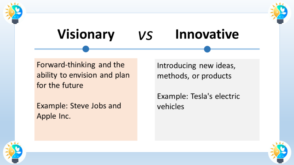 The image correctly describes the difference between visionary and innovative thinking.

Visionary thinking is the ability to envision and plan for the future. It's about having a clear idea of what you want to achieve and how to get there. The image uses Steve Jobs and Apple as an example. Steve Jobs had a vision for a personal computer that was easy to use and accessible to everyone. He was able to plan and execute this vision, which led to the creation of the Macintosh computer and the iPod, among other innovative products.

Innovative thinking is the ability to introduce new ideas, methods, or products. It's about being creative and coming up with new ways of doing things. The image uses Tesla's electric vehicles as an an example of innovation. Tesla didn't invent the electric car, but they introduced new ideas and technologies that made electric cars more appealing to consumers.

In short, visionary thinking is about having a clear idea of the future, while innovative thinking is about finding new ways to achieve that future.