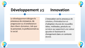 L'image présente une comparaison entre le développement et l'innovation. Voici une description en français de chaque concept : Développement Le développement est un processus de croissance, de progression ou d'amélioration dans divers domaines, tels que le personnel, le professionnel ou le social. Il peut se manifester de différentes manières, notamment par : L'acquisition de nouvelles compétences et connaissances L'amélioration des processus et des méthodes de travail Le développement de nouveaux produits ou services L'expansion d'une entreprise ou d'une organisation Le développement est généralement un processus continu qui nécessite un investissement constant en temps, en ressources et en efforts. Il est souvent associé à une planification, une organisation et une mise en œuvre rigoureuses. Innovation L'innovation est le processus de création de nouvelles idées, de produits, de services ou de processus qui apportent une valeur ajoutée aux clients ou aux utilisateurs. Elle implique souvent une rupture avec les pratiques et les technologies existantes. L'innovation peut être radicale ou incrémentale. L'innovation radicale consiste à créer quelque chose de complètement nouveau, tandis que l'innovation incrémentale consiste à apporter des améliorations progressives à des produits ou services existants. L'innovation est souvent considérée comme un facteur clé de la réussite des entreprises et des organisations. Elle permet aux entreprises de se démarquer de la concurrence, d'attirer de nouveaux clients et d'accroître leurs profits.