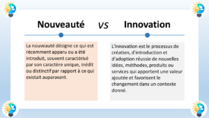 L'image présente une comparaison entre les concepts de nouveauté et d'innovation. La nouveauté désigne ce qui est récemment apparu ou a été introduit, souvent caractérisé par son caractère unique, inédit ou distinctif par rapport à ce qui existait auparavant. La nouveauté peut être superficielle ou profonde, et elle peut concerner une variété de domaines, y compris les produits, les services, les idées et les technologies. L'innovation, quant à elle, est le processus de création, d'introduction et d'adoption réussie de nouvelles idées, méthodes, produits ou services qui apportent une valeur ajoutée et favorisent le changement dans un contexte donné. L'innovation ne se contente pas de créer quelque chose de nouveau, elle doit également apporter une amélioration significative par rapport à ce qui existait auparavant. En résumé, la nouveauté est une nouvelle chose, tandis que l'innovation est une nouvelle chose qui apporte une valeur ajoutée.