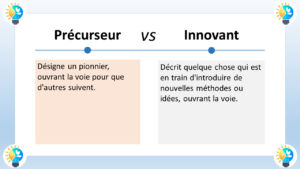 L'image est une illustration qui compare les termes "précurseur" et "innovateur". Précurseur Définition : Un précurseur est quelqu'un qui ouvre la voie à une nouvelle direction ou à une nouvelle idée. C'est quelqu'un qui est le premier à explorer un nouveau domaine ou à proposer une nouvelle approche. Exemples : Galilée est considéré comme un précurseur de la révolution scientifique car il a été le premier à remettre en question les idées reçues sur l'univers. Marie Curie est une autre précurseure importante car elle a été la première femme à remporter un prix Nobel et la première personne à remporter deux prix Nobel dans des domaines scientifiques différents. Innovateur Définition : Un innovateur est quelqu'un qui met en œuvre de nouvelles idées ou de nouvelles méthodes. C'est quelqu'un qui prend les idées des précurseurs et les transforme en réalité. Exemples : Thomas Edison est un innovateur célèbre qui a inventé l'ampoule électrique et le phonographe. Steve Jobs est un autre innovateur important qui a co-fondé Apple et a créé des produits révolutionnaires tels que l'iPhone et l'iPad. En résumé, les précurseurs sont ceux qui ouvrent la voie, tandis que les innovateurs sont ceux qui mettent en œuvre les idées.