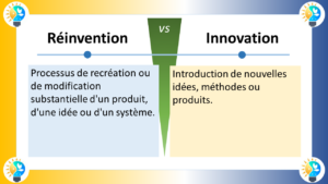 L'image présente un diagramme illustrant la différence entre la réinvention et l'innovation. Le diagramme est divisé en deux parties distinctes, chacune représentant l'un des deux concepts. Réinvention La partie gauche du diagramme représente la réinvention. Elle est illustrée par un papillon émergeant d'un cocon, symbolisant la transformation radicale d'une forme existante en quelque chose de nouveau et différent. Sous le papillon, le texte suivant est inscrit : Réinvention Ce mot simple résume l'essence de la réinvention, qui consiste à prendre quelque chose d'existant et à le transformer de manière fondamentale pour lui donner une nouvelle vie. Innovation La partie droite du diagramme représente l'innovation. Elle est illustrée par une ampoule électrique entourée de plusieurs autres ampoules plus petites, symbolisant la création de nouvelles idées et l'amélioration continue. Sous l'ampoule, le texte suivant est inscrit : Innovation Ce mot met en lumière l'aspect dynamique de l'innovation, qui consiste à introduire de nouvelles idées, méthodes ou produits dans un contexte existant. L'accent est mis sur l'amélioration et la transformation de ce qui existe déjà. Différences clés Le diagramme met en évidence les différences clés entre la réinvention et l'innovation : Focalisé sur la transformation vs focalisé sur l'amélioration : La réinvention se concentre sur la transformation radicale de quelque chose d'existant, tandis que l'innovation se concentre sur l'amélioration ou la transformation de ce qui existe déjà. Processus vs résultat : La réinvention désigne le processus de transformation de quelque chose d'existant, tandis que l'innovation désigne le résultat de ce processus, c'est-à-dire la création réussie de quelque chose de nouveau ou l'amélioration significative de ce qui existe déjà. Impact ponctuel vs impact continu : La réinvention a généralement un impact ponctuel, marquant un changement radical, tandis que l'innovation peut avoir un impact continu, entraînant une amélioration progressive au fil du temps. Relation entre la réinvention et l'innovation L'image illustre également la relation étroite entre la réinvention et l'innovation. La réinvention peut être un point de départ pour l'innovation, car elle fournit la base sur laquelle de nouvelles idées et méthodes peuvent être développées. Cependant, l'innovation ne se limite pas à l'application directe de réinventions. Elle peut également impliquer la modification, l'adaptation ou la combinaison de réinventions existantes de manière nouvelle et créative. En conclusion, l'image fournit une représentation claire et concise de la différence entre la réinvention et l'innovation. Elle souligne l'importance de ces deux concepts dans le domaine du progrès et de la créativité.