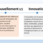 Différence entre renouvellement et innovation en français L'image présente une comparaison entre le renouvellement et l'innovation. Voici une description en français des deux concepts : Renouvellement Le renouvellement fait référence au processus de rénovation, de rafraîchissement ou de revitalisation. Il s'agit souvent d'une mise à jour ou d'une révision visant à améliorer l'efficacité ou la pertinence d'un produit, d'un service ou d'un processus existant. Le renouvellement peut impliquer des changements mineurs ou majeurs, mais il n'introduit généralement pas de nouvelles idées ou technologies radicalement nouvelles. Exemples de renouvellement : La mise à jour d'un logiciel pour corriger des bogues et améliorer les performances La refonte d'un site Web pour le rendre plus moderne et convivial La rénovation d'un bâtiment pour améliorer son efficacité énergétique Innovation L'innovation est le processus de création, d'introduction et d'adoption réussie de nouvelles idées, méthodes, produits ou services qui apportent une valeur ajoutée et favorisent le changement dans un contexte donné. L'innovation implique souvent la prise de risques et la remise en question du statu quo. Elle peut conduire à des percées révolutionnaires qui changent le monde. Exemples d'innovation : L'invention du smartphone Le développement de l'intelligence artificielle La création de nouvelles formes d'art et de divertissement