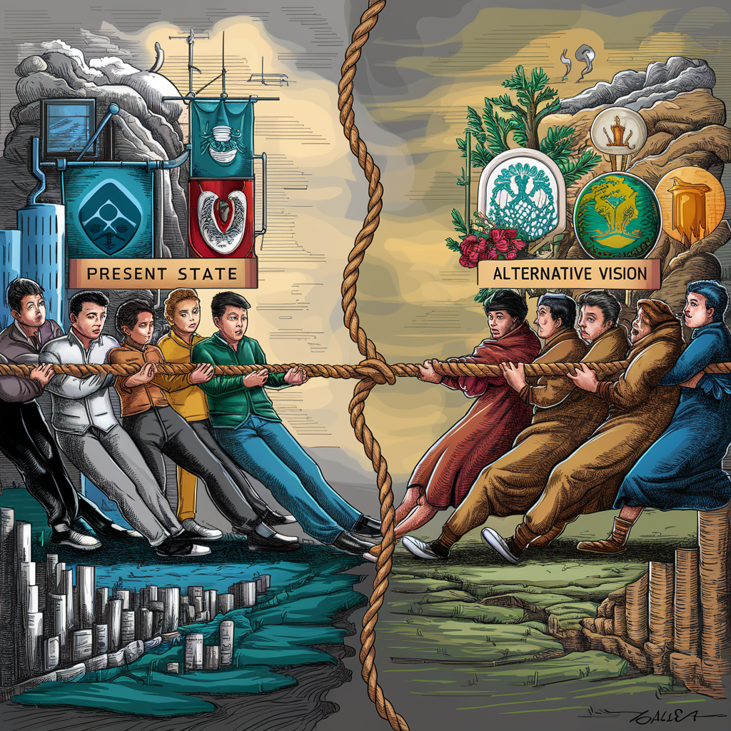 A captivating illustration of a tug-of-war between two teams. One side represents the present state, wearing modern clothing and carrying banners with symbols of technology and progress. The other side, representing the alternative vision, wears robes and carries banners with emblems of nature, tradition, and spirituality. The rope between them is thick and taut, symbolizing the intense conflict between these two contrasting ideals. The background shows the landscape split between urban and natural elements, enhancing the symbolism of the struggle. both team are diverse in color and gender