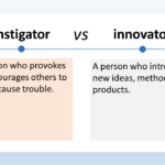 The image is a comparison chart titled “Instigator vs Innovator”. The left side of the chart depicts an instigator. The text below the image reads: “A person who provokes or encourages others to act or cause trouble.” The right side of the chart depicts an innovator. The text below the image reads: “A person who introduces new ideas, methods, or products.”