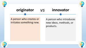 The image is a titled "Originator vs Innovator". It is a comparison chart that outlines the key differences between the two terms. The left side of the chart depicts an originator. The text below the image reads: "A person who creates or initiates something new". The right side of the chart depicts an innovator. The text below the image reads: "A person who introduces new ideas, methods, or products".