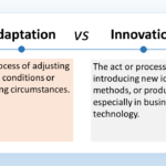 The image is a comparison of adaptation and innovation. The text at the top of the image says "Adaptation" in large font. Below "Adaptation" is a definition that reads: "The process of adjusting to new conditions or changing circumstances." The text at the bottom of the image says "Innovation" in large font. Below "Innovation" is a definition that reads: "The act or process of introducing new ideas, methods, or products, especially in business or technology."
