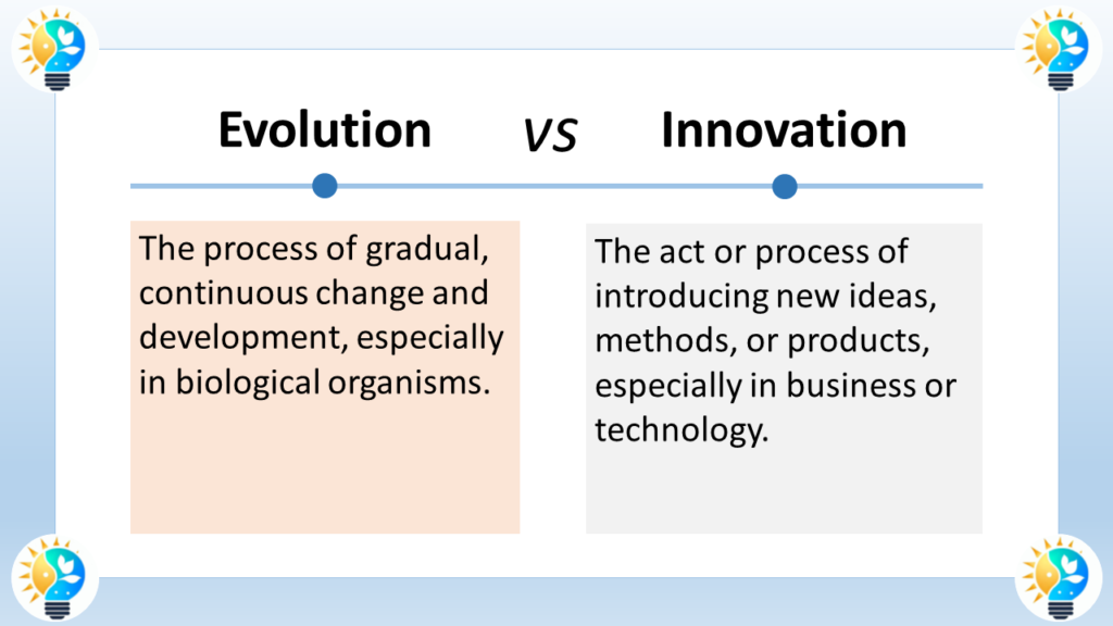 The image is a chart comparing evolution and innovation.
At the very top of the image, there is centered text in large font that says "Evolution VS Innovation".
Below the title is a horizontal line separating the two concepts.
Below the line, the chart is divided into two equal halves with text boxes on top and bottom in each half.
The left half is labeled "Evolution" in large bold font.
Below the title, there's a text box with a definition in regular font that reads: "The process of gradual, continuous change and development, especially in biological organisms."
The right half is labeled "Innovation" in large bold font.
Below the title, there's a text box with a definition in regular font that reads: "The act or process of introducing new ideas, methods, or products, especially in business or technology."