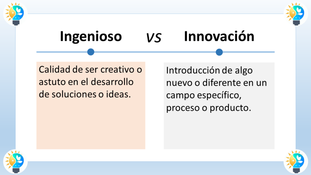 La imagen es un gráfico titulado “Ingenio vs Innovación”. Muestra dos círculos superpuestos al estilo de un diagrama de Venn.

El círculo de la izquierda está etiquetado como “Ingenio”.  El texto dice: “Calidad de ser creativo o astuto en el desarrollo de soluciones o ideas”.

El círculo de la derecha está etiquetado como “Innovación”. El texto dice: “Introducción de algo nuevo o diferente en un campo específico, proceso o producto”.

El área superpuesta en el centro del diagrama de Venn no tiene etiqueta.