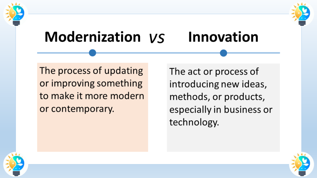 The image is a chart comparing modernization and innovation.

Text at the top of the image is centered in large font and says "Modernization VS Innovation".
Below the title text is a horizontal line separating the two concepts.
Below the line, the chart is divided into two columns.
The left column is labeled "Modernization" in bold font.
Below the title, there's a text box with a definition in regular font that reads: "The process of updating or improving something to make it more modern or contemporary."
The right column is labeled "Innovation" in bold font.
Below the title, there's a text box with a definition in regular font that reads: "The act or process of introducing new ideas, methods, or products, especially in business or technology."