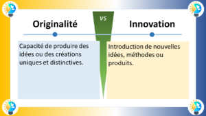 L'image compare deux concepts clés : l'innovation et l'originalité. Bien que ces termes soient souvent utilisés de manière interchangeable, il existe des distinctions importantes entre les deux. Définitions Originalité : L'originalité fait référence à la qualité d'être nouveau, différent et inhabituel. Il s'agit de la création de quelque chose qui n'existait pas auparavant. Innovation : L'innovation va au-delà de l'originalité pour introduire une nouveauté qui crée de la valeur. Il s'agit de mettre en œuvre une idée originale pour améliorer un produit, un service ou un processus existant, ou pour créer quelque chose de entièrement nouveau qui répond à un besoin ou résout un problème. Diagramme L'image peut être représentée par un diagramme à deux cercles qui se chevauchent : Cercle 1 (Originalité) : Ce cercle représente tout ce qui est nouveau et différent. Il englobe un large éventail d'idées, de concepts et de créations, qu'ils soient utiles ou non. Cercle 2 (Innovation) : Ce cercle, plus petit, se situe à l'intérieur du cercle de l'originalité. Il représente les idées originales qui ont été mises en œuvre et qui ont créé de la valeur. Différences clés Le diagramme met en évidence les différences essentielles entre l'innovation et l'originalité : Portée : L'originalité est un concept plus large qui englobe toutes les nouvelles créations, tandis que l'innovation se concentre sur les idées originales qui ont un impact positif. Valeur : L'originalité ne garantit pas la valeur, alors que l'innovation implique nécessairement la création de quelque chose de bénéfique ou utile. Mise en œuvre : L'originalité réside dans la conception d'une idée nouvelle, tandis que l'innovation exige la concrétisation de cette idée et sa mise en pratique.