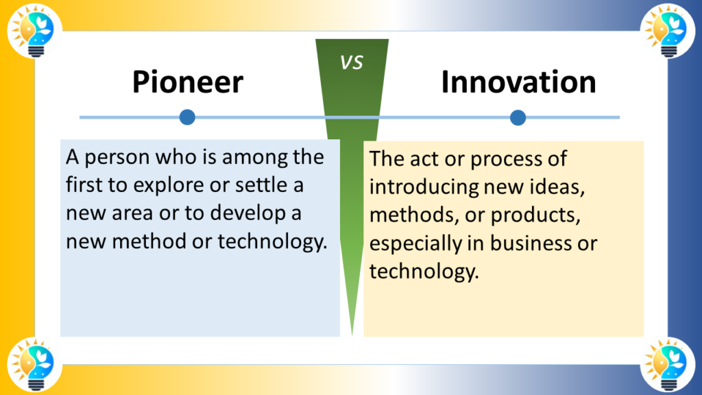 The image is a text chart that compares and contrasts pioneer and innovation. Here’s a description of it:

The text chart is divided into two columns.
The left column has the heading “Pioneer” in large font. Below it, in smaller font, it reads: "A person who is among the first to explore or settle a new area or to develop a new method or technology."
The right column has the heading “Innovation” in large font. Below it, in smaller font, it reads: "The act or process of introducing new ideas, methods, or products, especially in business or technology."