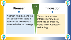 The image is a text chart that compares and contrasts pioneer and innovation. Here’s a description of it: The text chart is divided into two columns. The left column has the heading “Pioneer” in large font. Below it, in smaller font, it reads: "A person who is among the first to explore or settle a new area or to develop a new method or technology." The right column has the heading “Innovation” in large font. Below it, in smaller font, it reads: "The act or process of introducing new ideas, methods, or products, especially in business or technology."