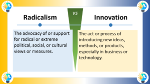 The image is a text chart divided into two columns by a vertical line in the middle. The left column is labeled "Radicalism" and the right column is labeled "Innovation". Left side (Radicalism): Text: "The advocacy of or support for radical or extreme political, social, or cultural views or measures." Right side (Innovation): Text: "The act or process of introducing new ideas, methods, or products, especially in business or technology."