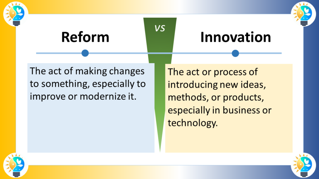 The image depicts a concept diagram illustrating the distinction between reform and innovation.

The left side of the diagram spells out “Reform,” defined underneath as “The act of making changes to something, especially to improve or modernize it.”

The right side of the diagram spells out “Innovation,” defined underneath as “The act or process of introducing new ideas, methods, or products, especially in business or technology.”

In essence, reform is about making changes to something existing, while innovation is about introducing something entirely new.