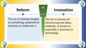 The image depicts a concept diagram illustrating the distinction between reform and innovation. The left side of the diagram spells out “Reform,” defined underneath as “The act of making changes to something, especially to improve or modernize it.” The right side of the diagram spells out “Innovation,” defined underneath as “The act or process of introducing new ideas, methods, or products, especially in business or technology.” In essence, reform is about making changes to something existing, while innovation is about introducing something entirely new.