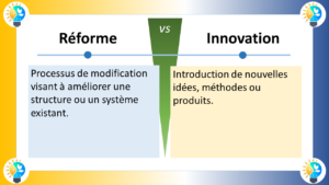 L'image compare deux concepts clés : l'innovation et la réforme. Bien qu'ils soient liés, il existe des distinctions importantes entre les deux. Définitions Innovation : L'innovation est la mise en œuvre d'une nouvelle idée, méthode ou produit. Elle implique de transformer une idée en réalité et d'en faire bénéficier les autres. L'innovation peut conduire à de nouveaux produits, services ou processus qui améliorent notre vie. Réforme : La réforme est un changement apporté à un système existant pour l'améliorer. Elle implique de modifier les structures, les règles ou les processus existants pour les rendre plus efficaces, plus justes ou plus adaptés aux besoins actuels. Diagramme L'image peut être représentée par un diagramme à deux axes : Axe horizontal : Cet axe représente le degré de changement. Il va de "changement incrémentiel" à "changement radical". Axe vertical : Cet axe représente la portée du changement. Il va de "changement spécifique" à "changement systémique". Le diagramme montre que l'innovation et la réforme se situent à des endroits différents sur ces deux axes : Innovation : L'innovation se situe généralement dans la zone du "changement incrémentiel" et du "changement spécifique". Cela signifie que les innovations apportent des changements relativement modestes à des aspects spécifiques d'un système. Réforme : La réforme se situe généralement dans la zone du "changement incrémentiel" ou "radical" et du "changement systémique". Cela signifie que les réformes peuvent apporter des changements modestes ou radicaux à l'ensemble d'un système.