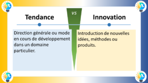 L'image présente une représentation graphique simple et efficace de la différence fondamentale entre tendance et innovation. Tendance La tendance est représentée par une flèche ascendante et continue, indiquant une évolution progressive et durable dans un domaine particulier. Elle symbolise un changement directionnel ou un mode en cours de développement, reflétant les préférences, les comportements ou les pratiques dominants dans un groupe ou une société. Innovation L'innovation, en revanche, est représentée par une flèche verticale ascendante, soulignant l'introduction d'éléments nouveaux et inédits. Elle symbolise une rupture avec les pratiques existantes, introduisant des idées, des méthodes ou des produits radicalement différents et inédits. Différences clés Le diagramme met en évidence les distinctions essentielles entre tendance et innovation : Nature du changement: La tendance représente une évolution graduelle, tandis que l'innovation implique une rupture et une introduction d'éléments nouveaux. Impact: La tendance influence les comportements et les pratiques existantes, tandis que l'innovation crée de la valeur en apportant des solutions nouvelles et inédites. Origine: La tendance émerge des préférences et des comportements collectifs, tandis que l'innovation découle d'un processus créatif et intentionnel. Relation entre tendance et innovation Le diagramme ne suggère pas une relation hiérarchique entre tendance et innovation. Les tendances peuvent servir de source d'inspiration et d'opportunités pour l'innovation, en identifiant des besoins ou des domaines d'amélioration. Cependant, l'innovation ne se limite pas à l'exploitation des tendances existantes, mais peut également surgir de manière inattendue et révolutionnaire. En résumé Ce diagramme offre une représentation visuelle claire et concise de la distinction entre tendance et innovation. Il souligne la nature évolutive des tendances et le caractère disruptif de l'innovation, tout en mettant en évidence leur relation complémentaire dans le contexte du changement et du progrès.