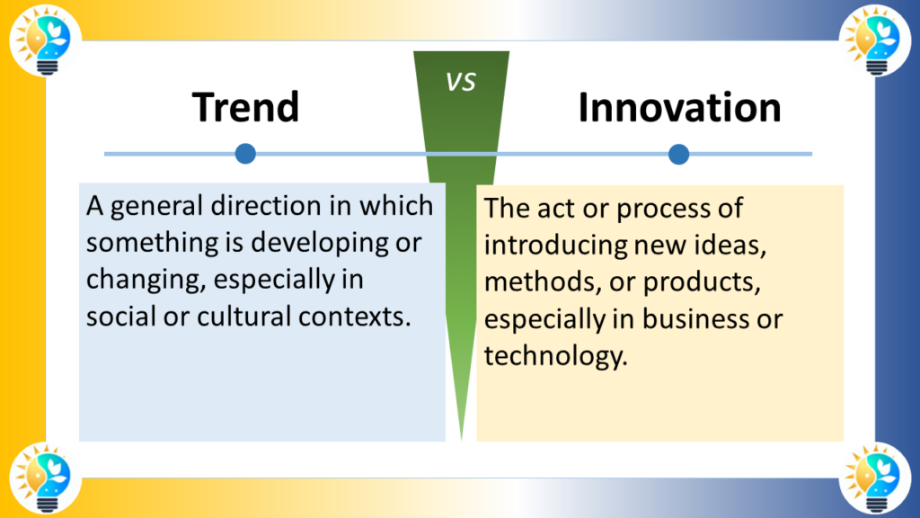 The image is titled "Trend VS Innovation" . It depicts a two-column table that contrasts trends and innovation.

The left column is titled "Trend" and is defined as "A general direction in which something is developing or changing, especially in social or cultural contexts."
The right column is titled "Innovation" and is defined as "The act or process of introducing new ideas, methods, or products, especially in business or technology."
The table format uses text to highlight the key differences between trends and innovation. There are no illustrations or icons included in the image.